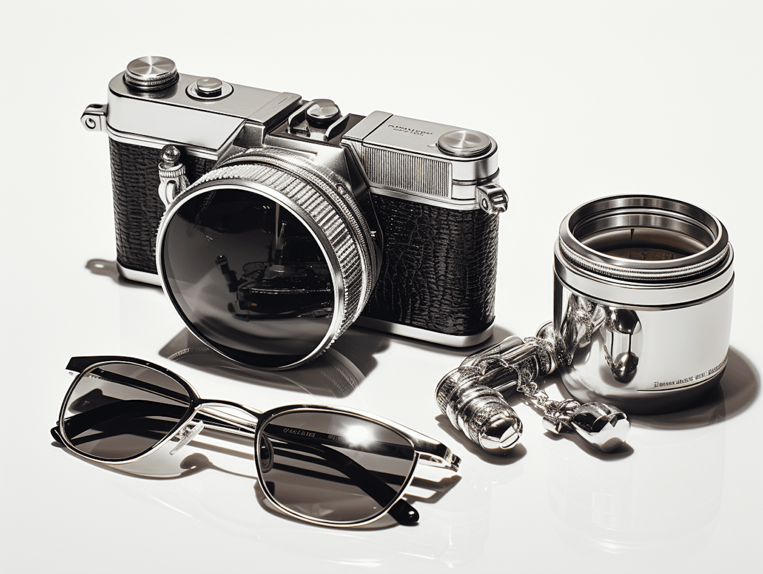 A silver rangefinder camera, sunglasses and a polished metal canister arranged on a white reflective surface.